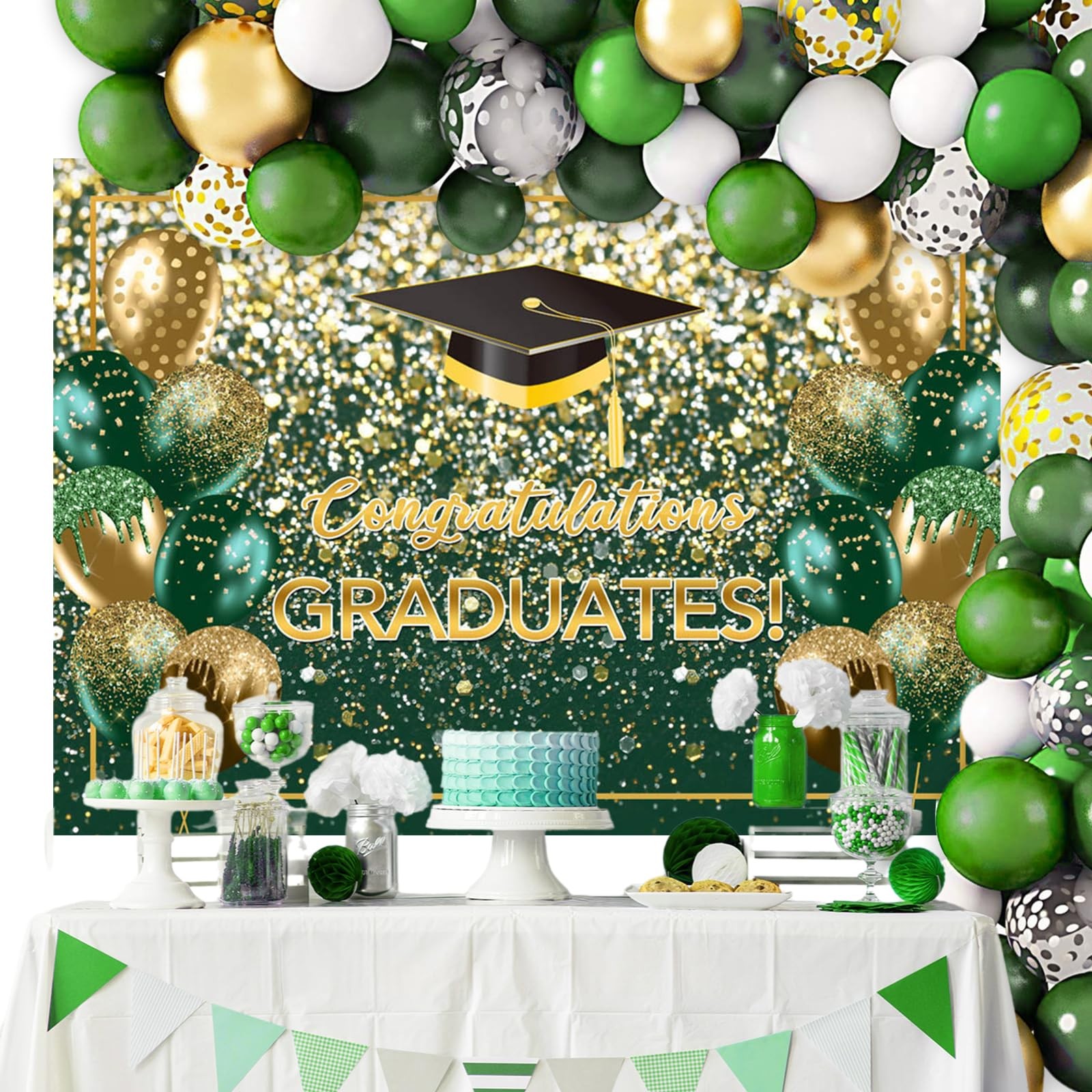 7x5ft Green, Gold Glitter Graduation Backdrop, Class of 2025, Congrats Grad