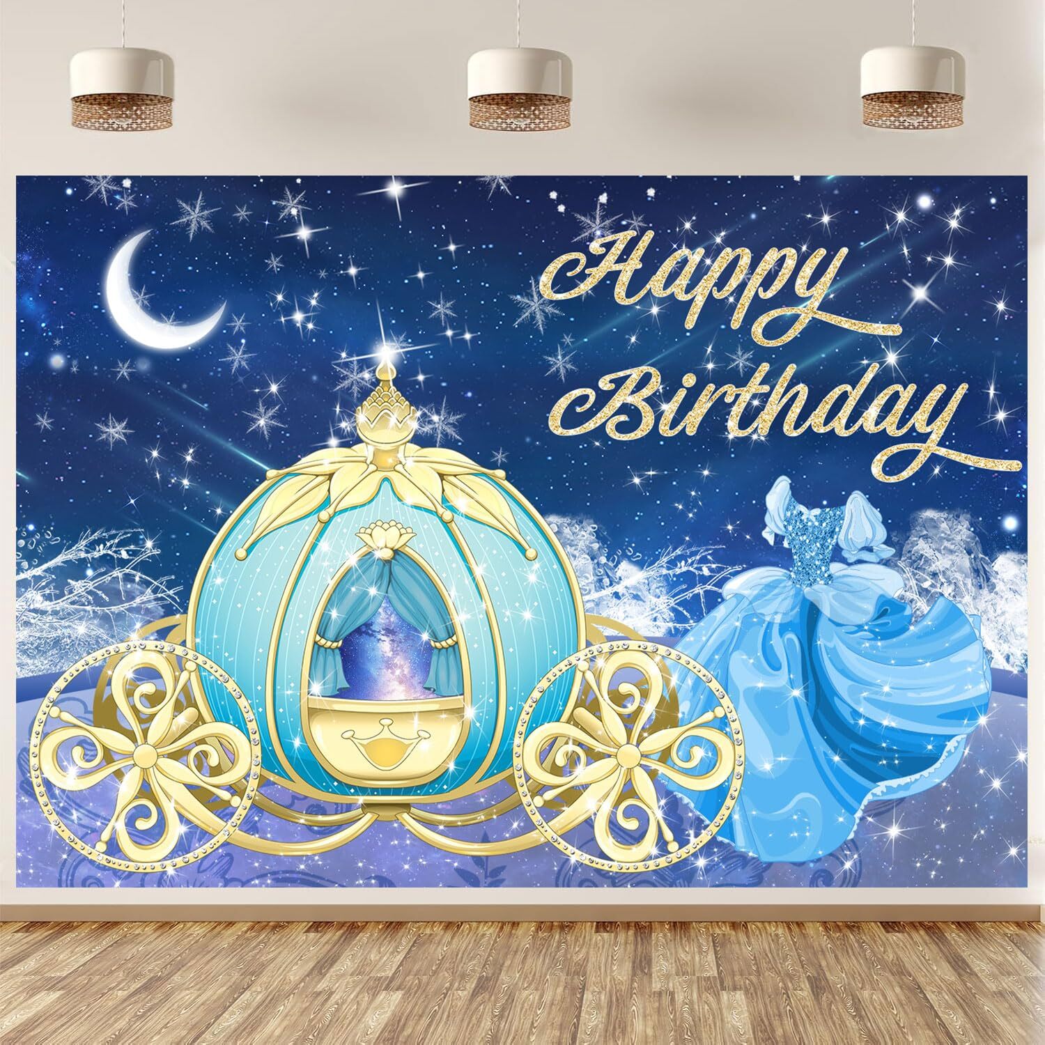 Dreamy Blue Happy Birthday Backdrop Princess Fairy Tale Glitter Gold Pumpkin Car