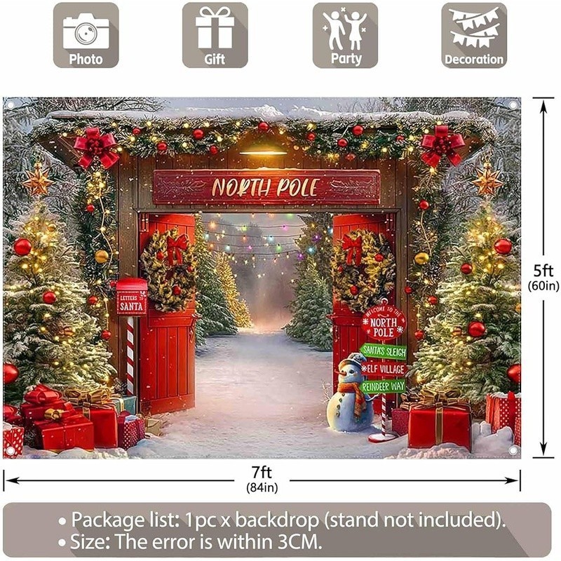 7x5ft Fabric Christmas Backdrop Winter Forest Barn Door Pole Snowy Xmas Tree