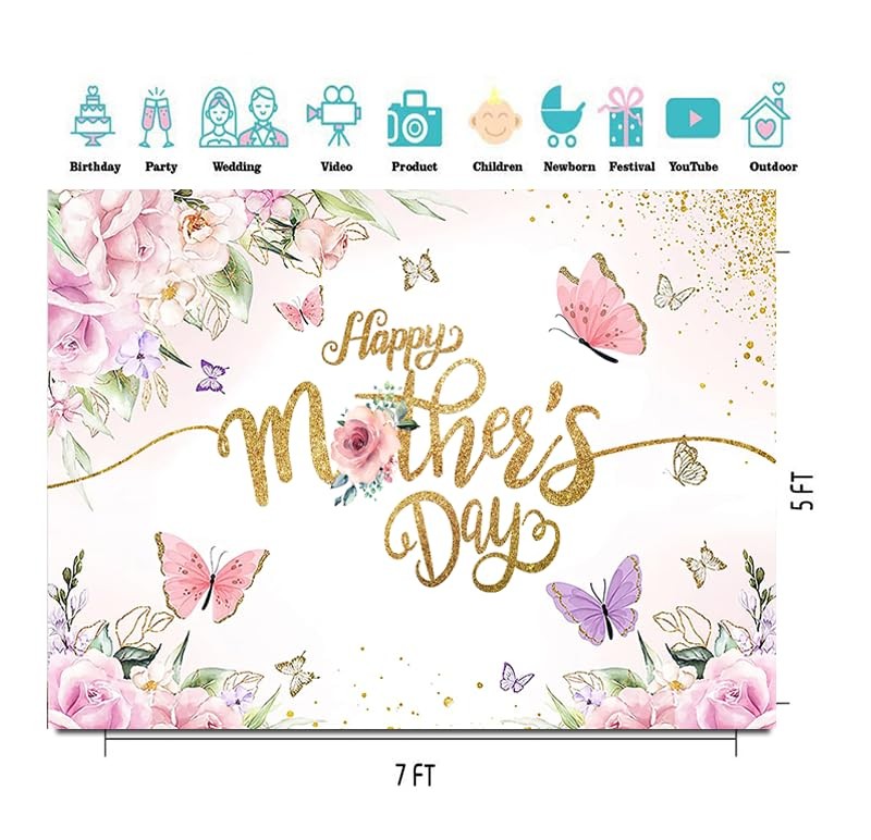 7x5ft Happy Mother’s Day Backdrop Floral Golden Dots Mother’s Day Birthday Phot.
