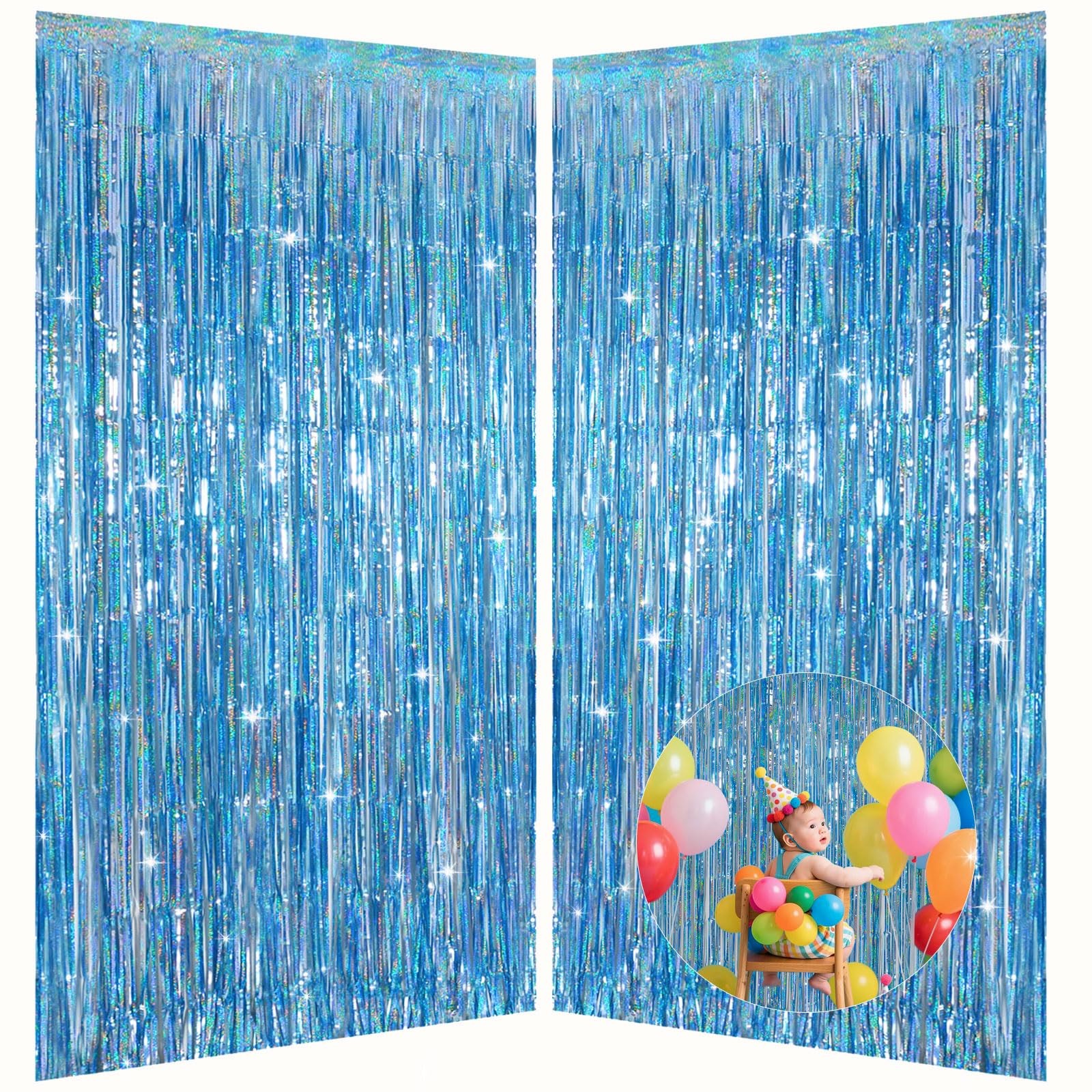 Light Blue Metallic Streamer Backdrop with Glitter Tinsel,3.28 x 6.56ft Foil …