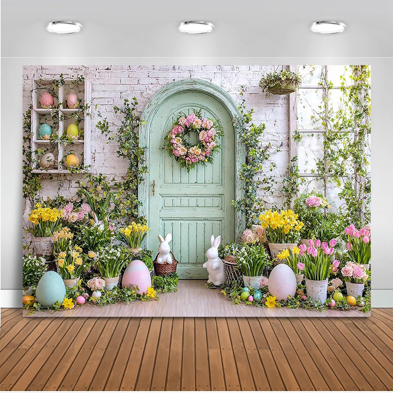 Spring Easter Backdrop 7X5Ft – Green Wooden Wall Floral Photography