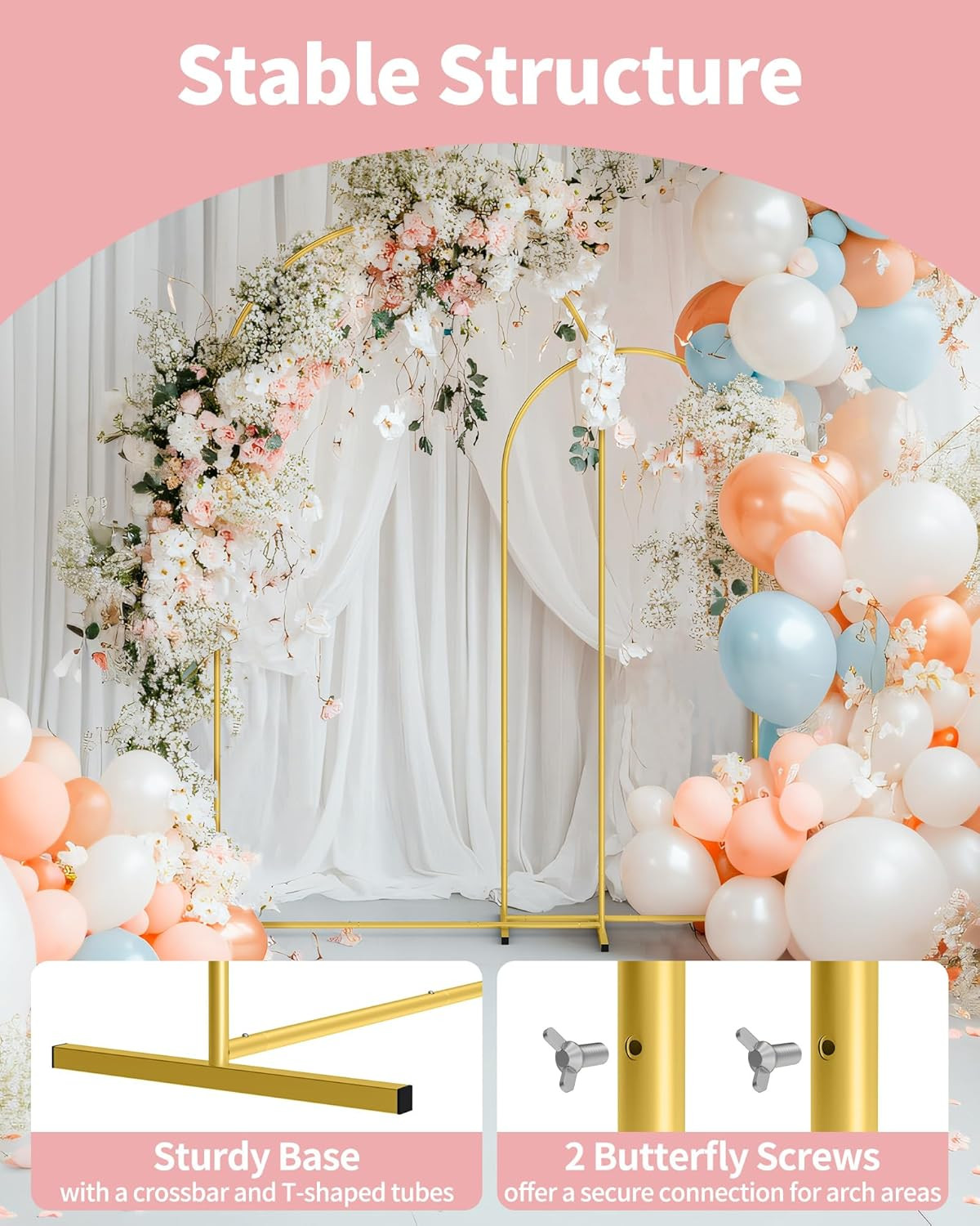Metal Arch Backdrop Stand Set Gold Wedding Party Frame 2 Size Easy Assemble Home
