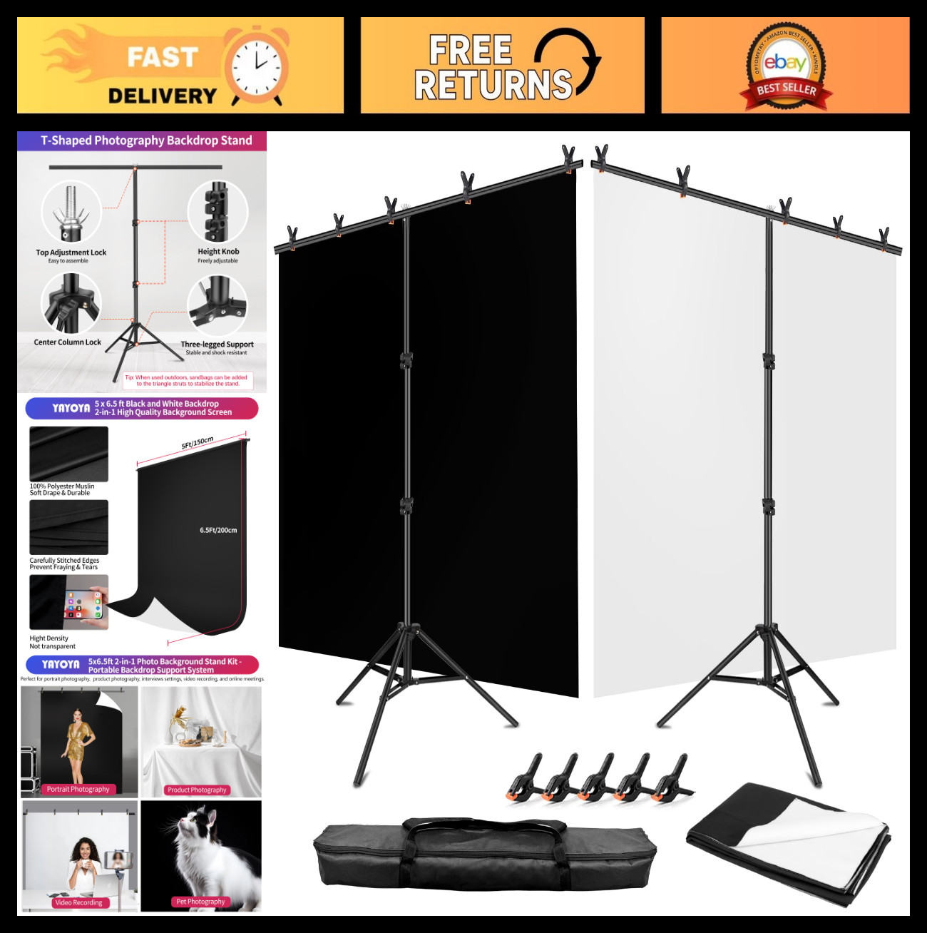 5×6.5ft Reversible Black & White Backdrop Screen Kit with T-Stand & 5 Clamps