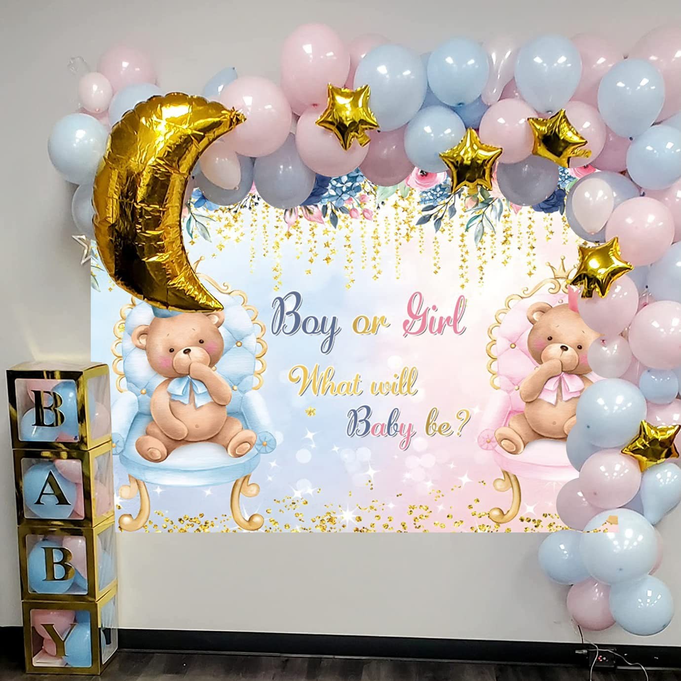 7x5Ft Boho Bear Gender Reveal Backdrop Pink Blue Baby Shower Photo Booth Banner