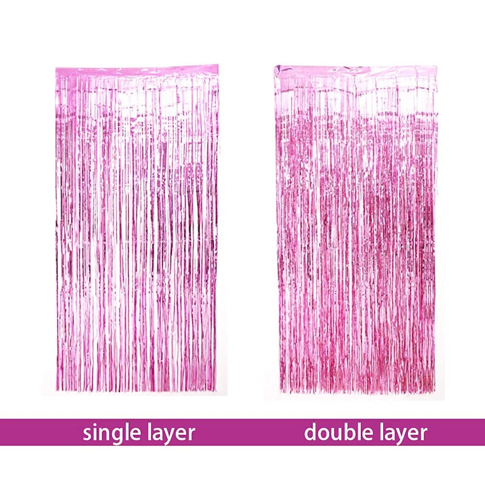 2 PCS 6.5×8.2ft Pink Foil Fringe Tinsel Curtains for Birthday Party Backdrop