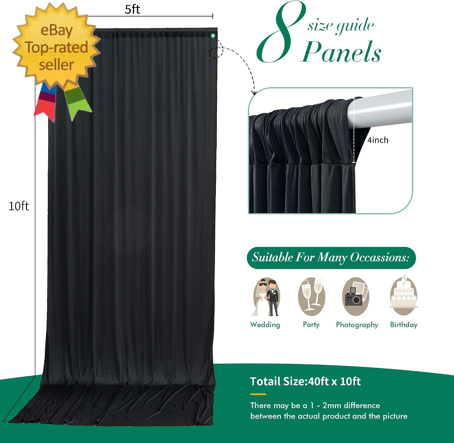 40 Ft X 10 Ft Wrinkle Free Black Backdrop Curtain for Parties, 8 Panels 10Ft Pol
