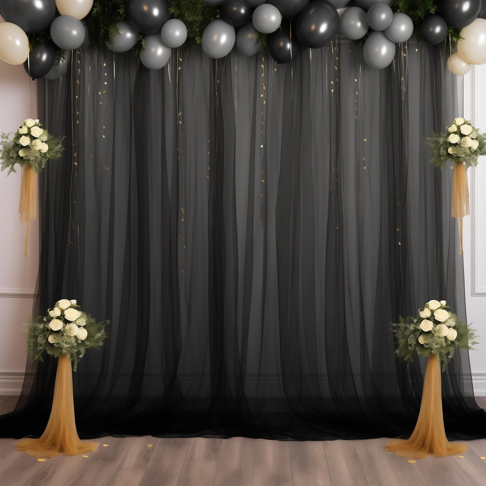 10x10ft Sheer Black Backdrop Curtains Tulle Wedding Arch Draping Fabric