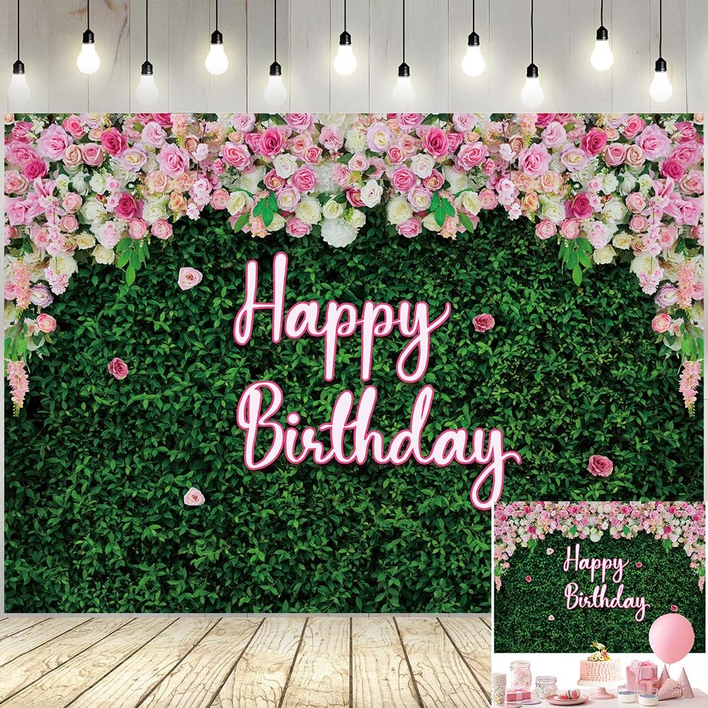 7x5ft Green Leaves Pink Rose Floral Wall Girl Birthday Photo Backdrop