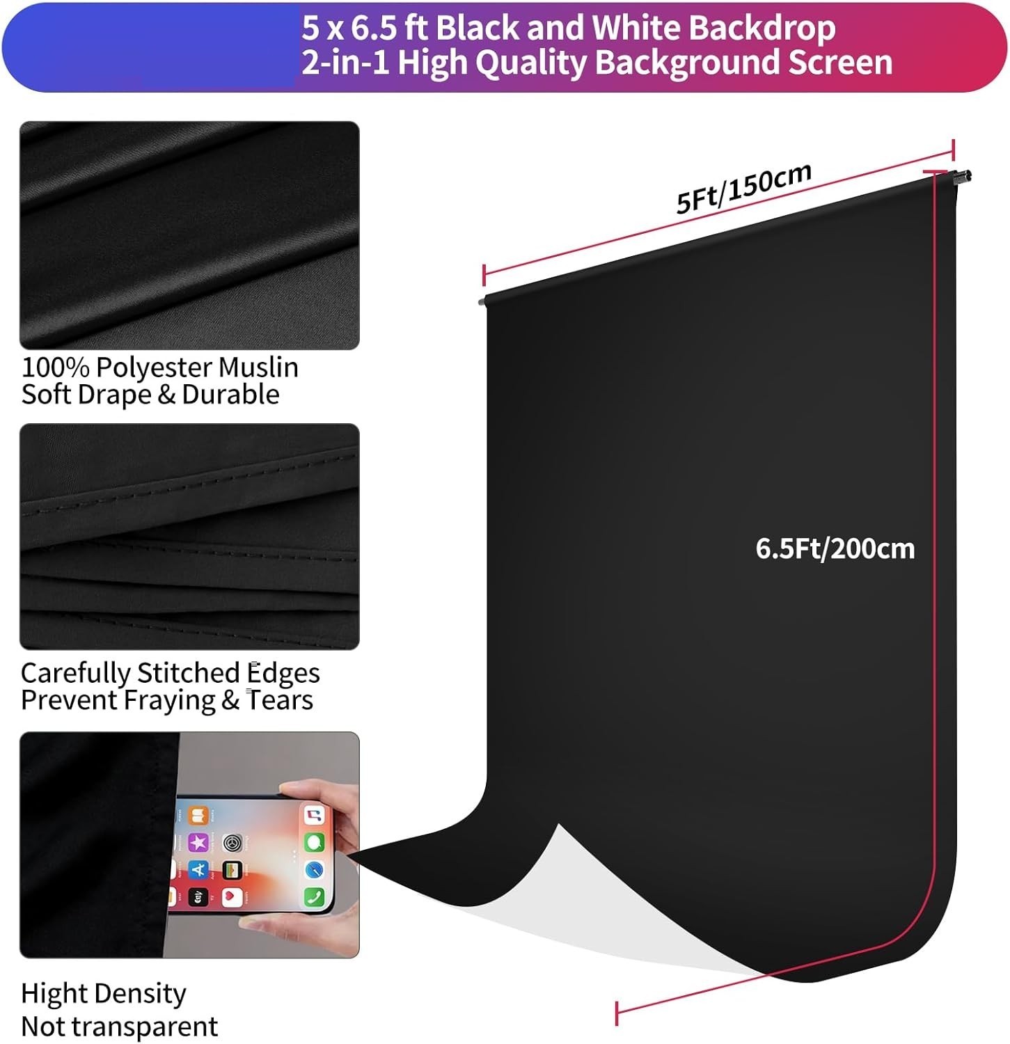 Black White Backdrop Screen with Stand Kit 5×6.5ft Reversible Photo Video Studio