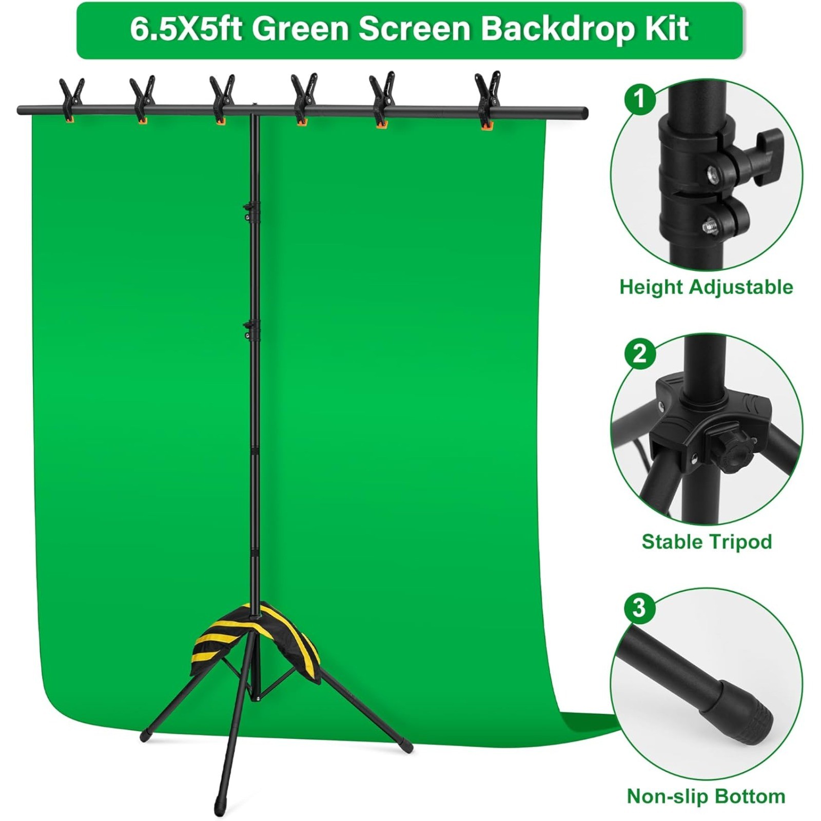 Portable T-Shape Greenscreen Backdrop Background Stand Kit 6.5 X 5 ft Adjustable