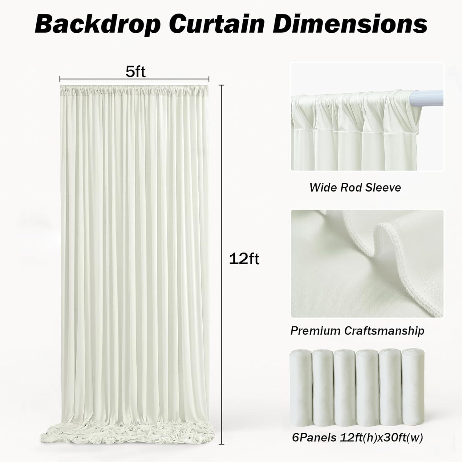 30Ft×12Ft Ivory Backdrop Curtain for Wedding Parties, 6 Panels Wrinkle Free Poly