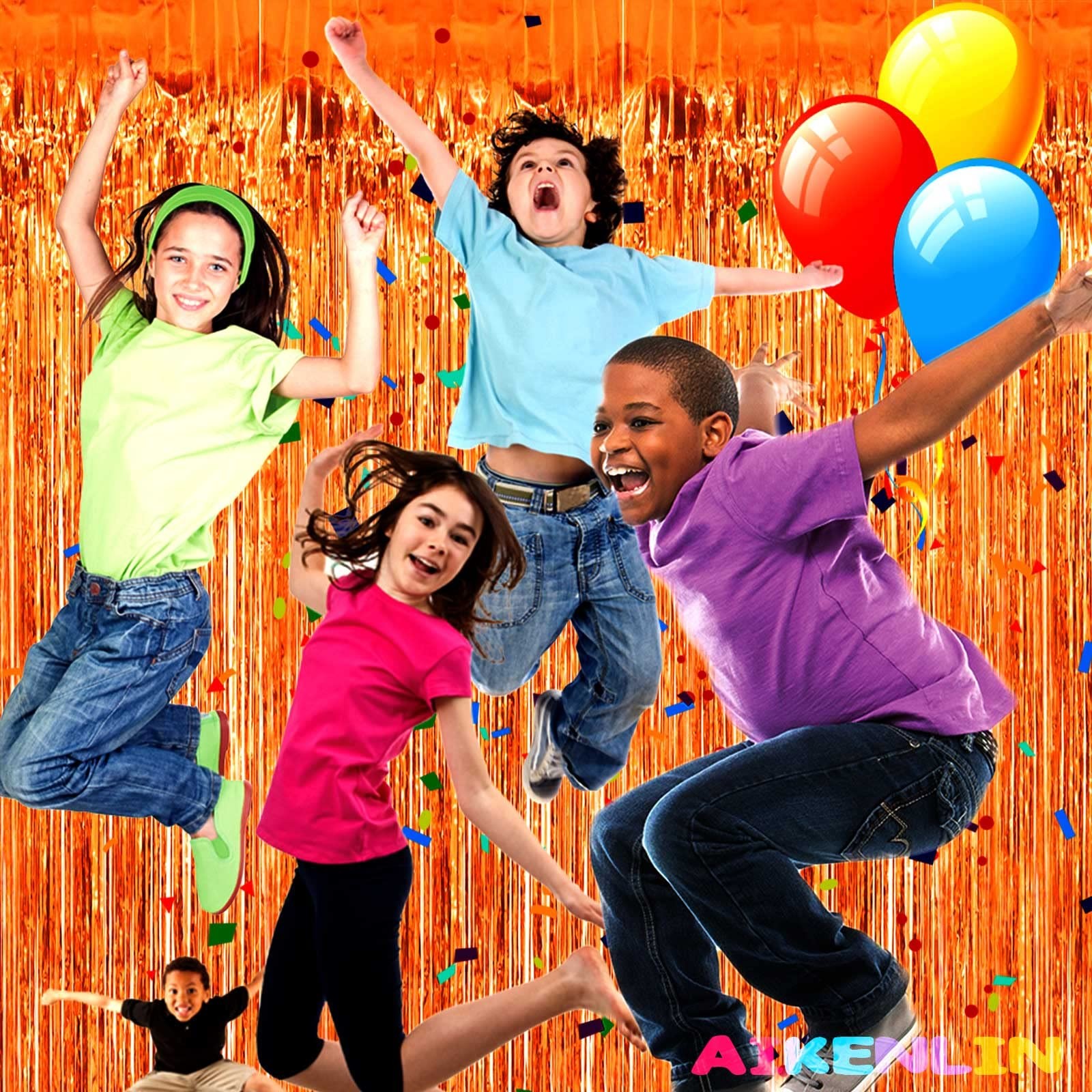 4 Pack Orange Foil Fringe Curtain Backdrop 3.2Ft x 9.8Ft Party Streamer Prop