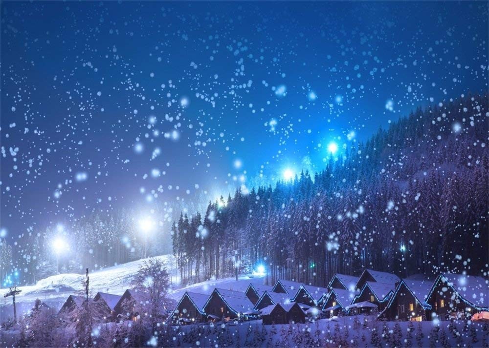 7x5ft Christmas Backdrop Rustic Village Night View Forest Trees Snowing Shini…