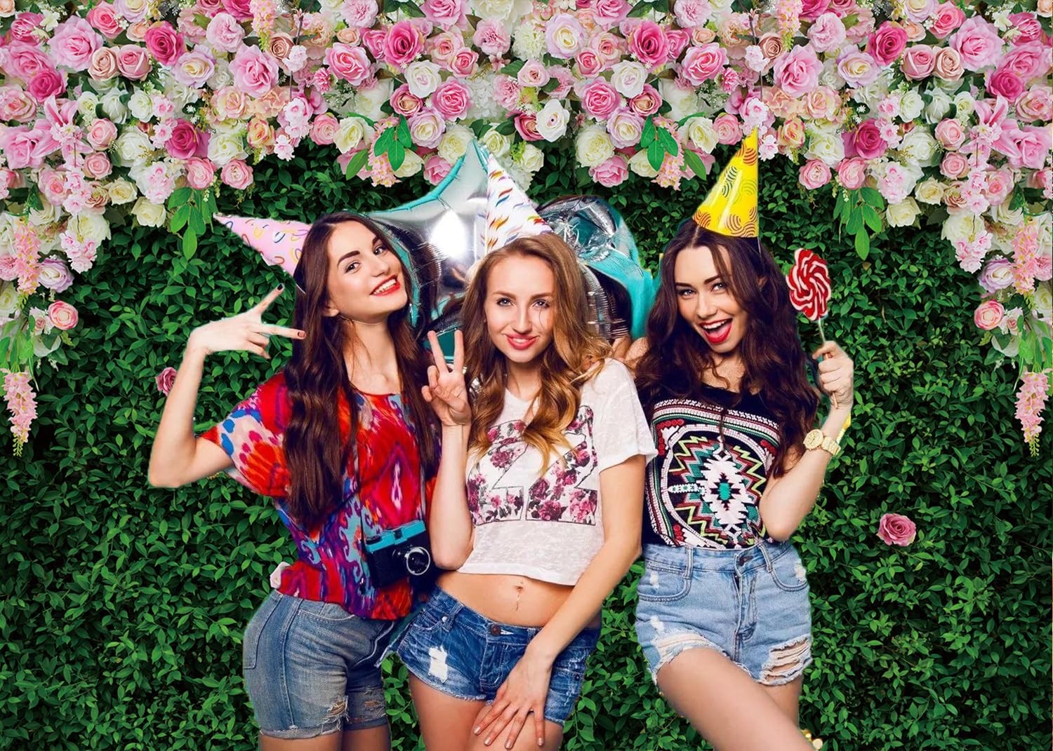 7x5ft Green Leaves Pink Rose Floral Wall Girl Birthday Photo Backdrop