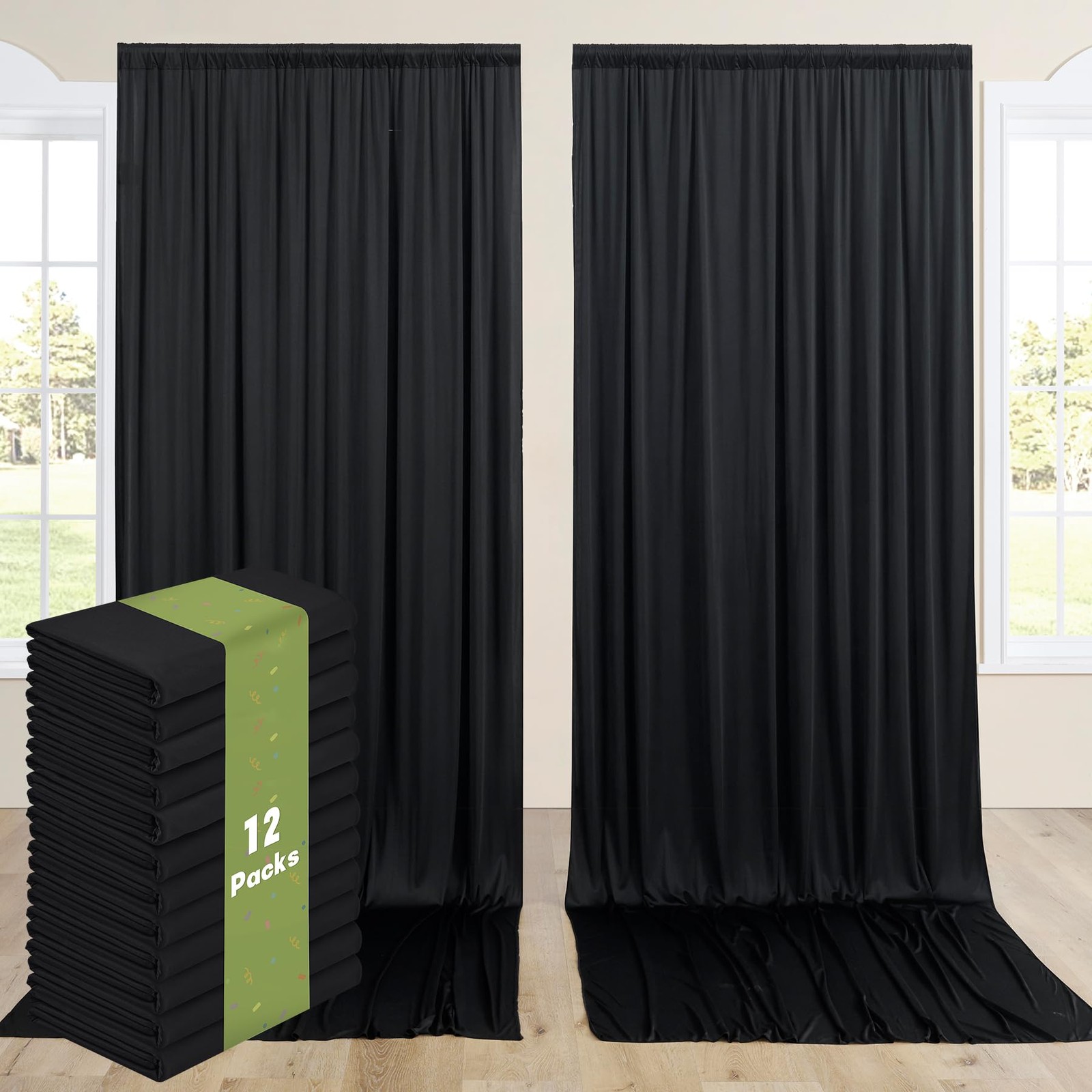 60ftx12ft Wrinkle Free Black Backdrop 5ft(W)x12ft(H)_12 Panels,