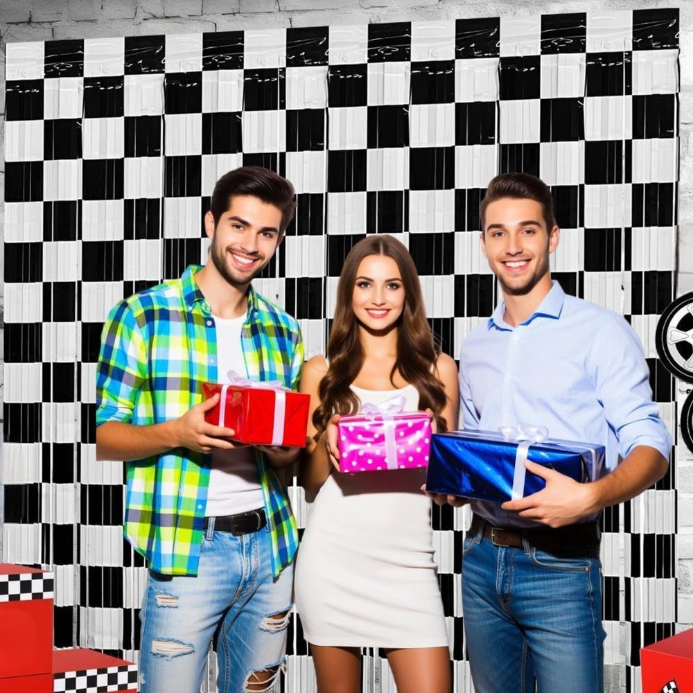 Birthday Party Streamers Photo Booth Backdrops Black White Checkered Foil