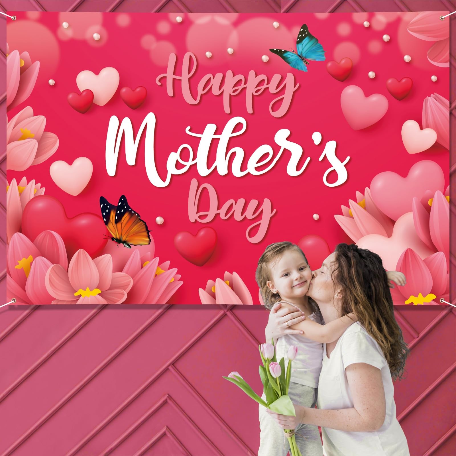 Mothers Day Banner 72″ x 48″ Decorations Happy Mother’s Day Backdrop Flowers Red