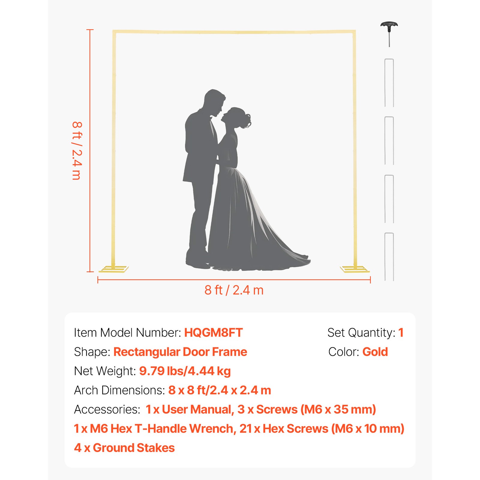 8×8 ft Gold Metal Arch Backdrop Stand for Wedding Party Decoration