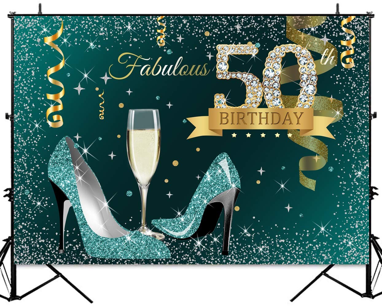 Sensfun Teal Gold Happy 50th Birthday Backdrop Glitter Silver 7x5ft, xq0769