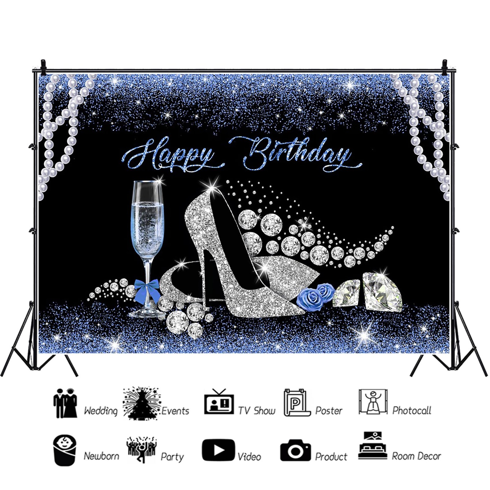 Blue Glitter Pearl Diamond High Heels Happy Birthday Backdrop 10×6.5ft Mat