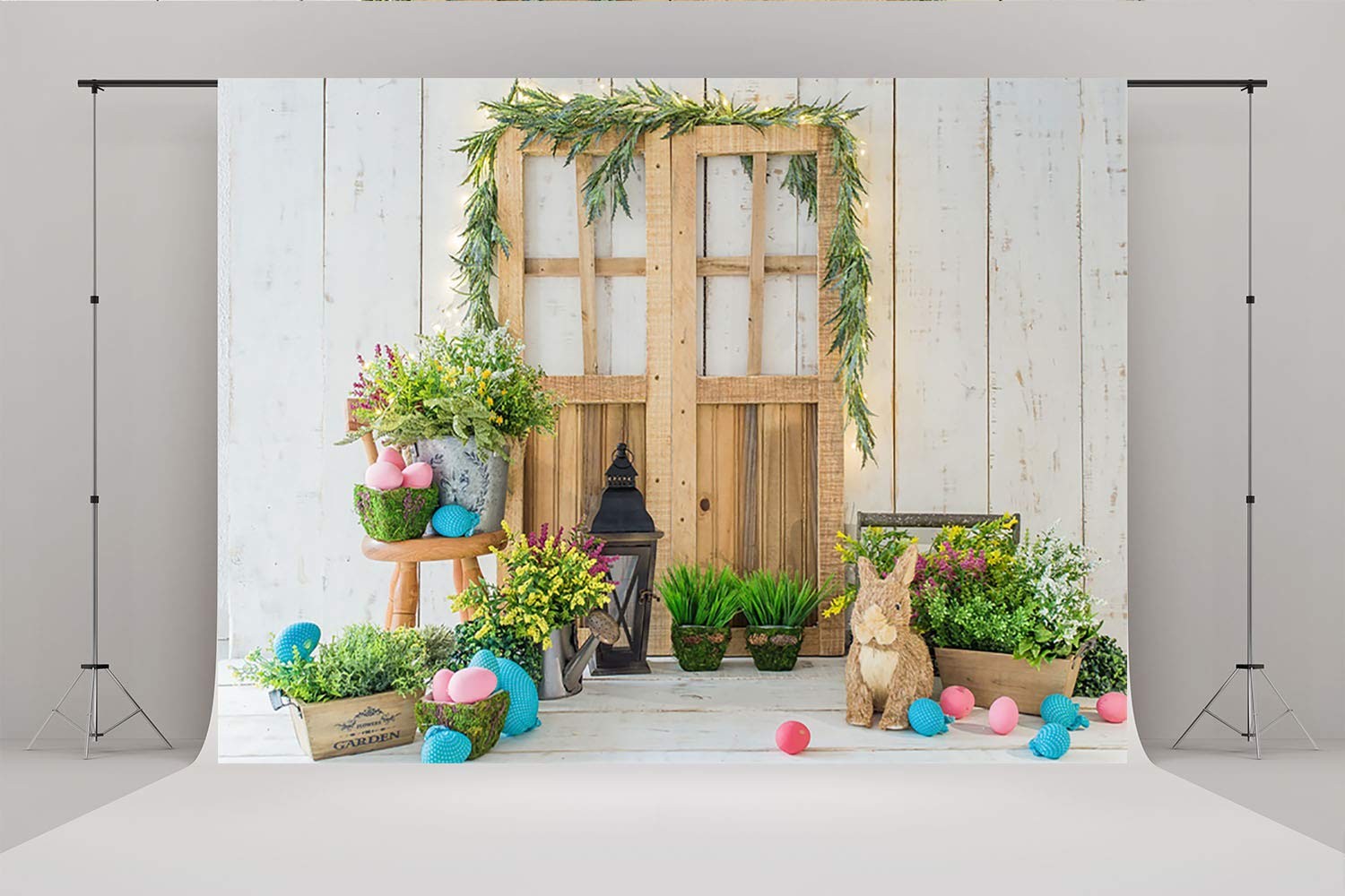 Spring Easter Photography Backdrop Wood Barn Eggs Flowers Background 7×5 Ft