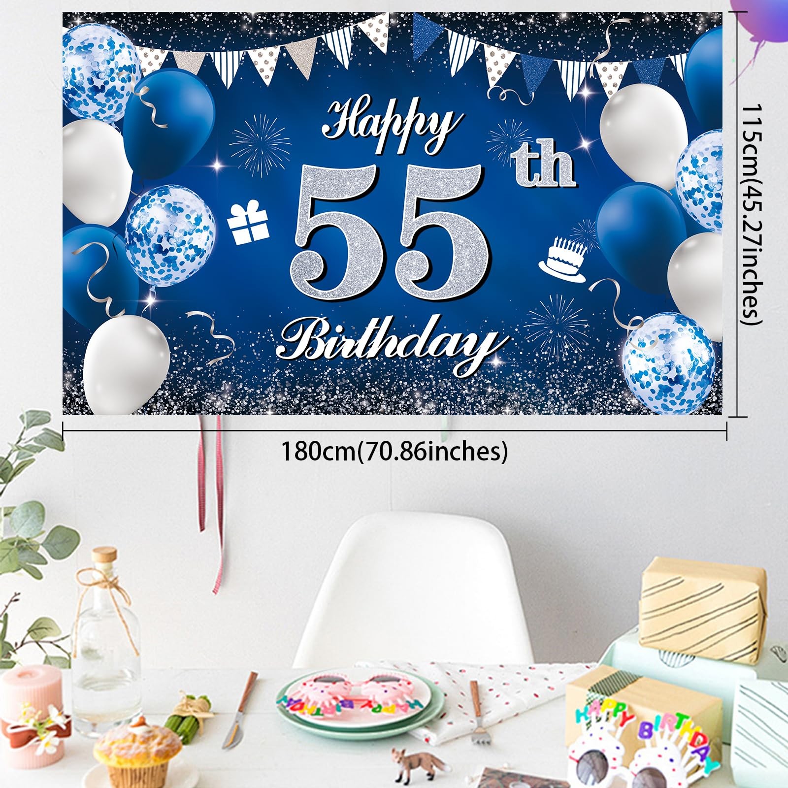 Happy 55th Birthday Decorations for Boys Girls Blue Birthday Banner for Party…