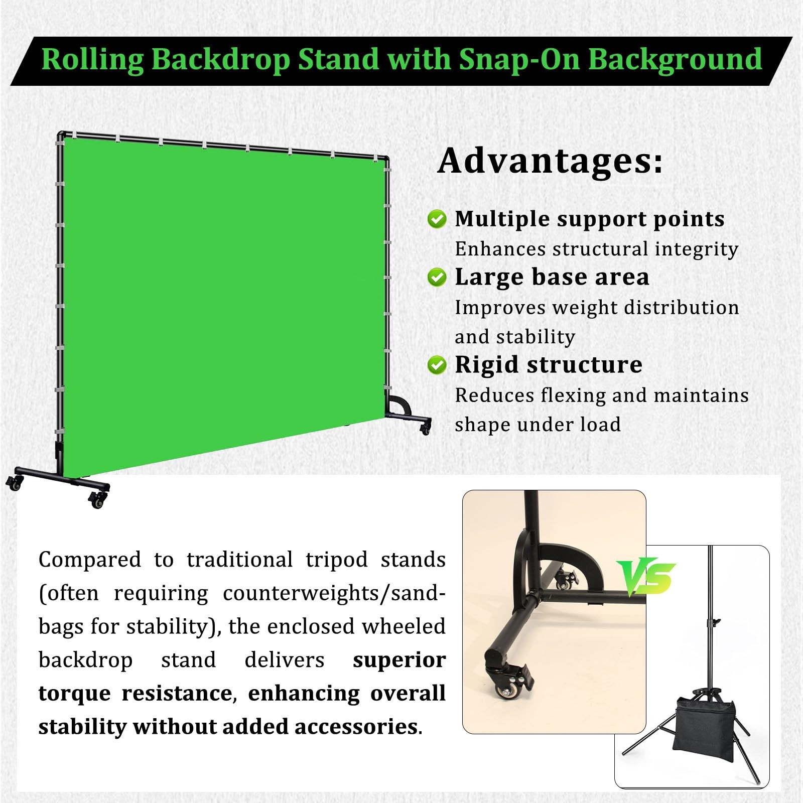 BENOISON Backdrop Stand with Wheels & Backdrop – 10x7ft(WxH) Green Screen