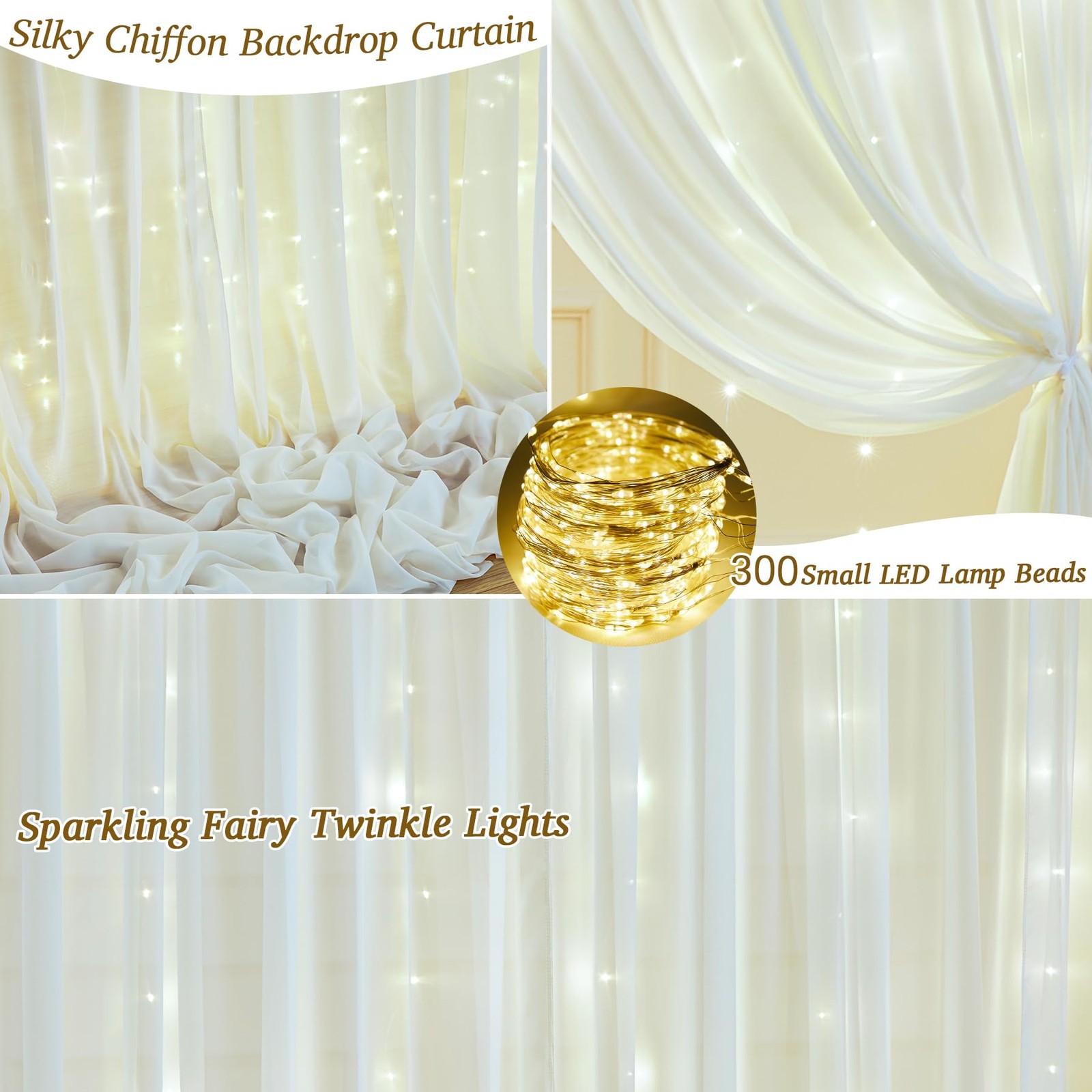 10x10ft Beige Chiffon Backdrop Curtain Lights Wedding Baby Shower Set