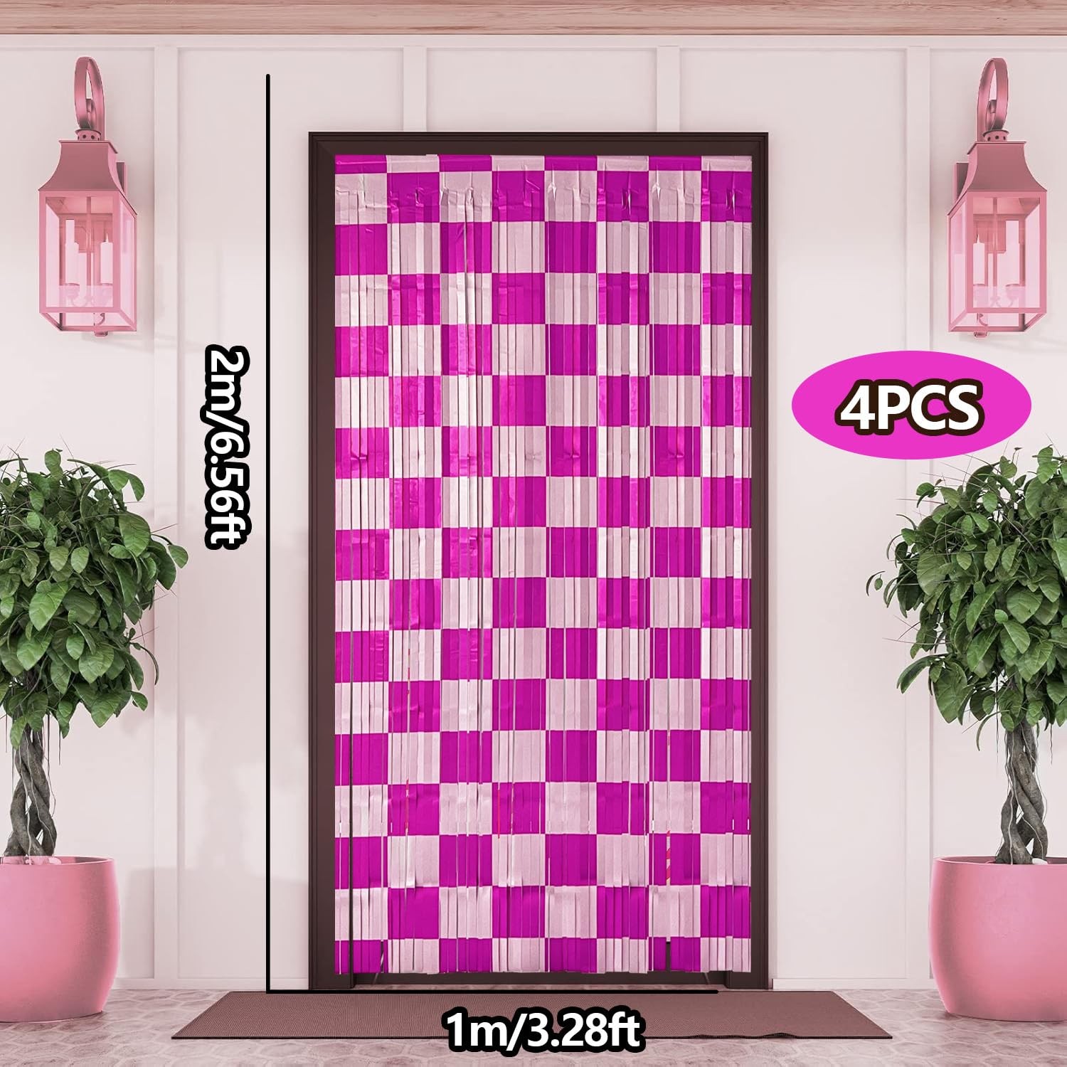 Pink Checkered Party Backdrop Foil Fringe Curtain Birthday Photo Decor 4 Pcs