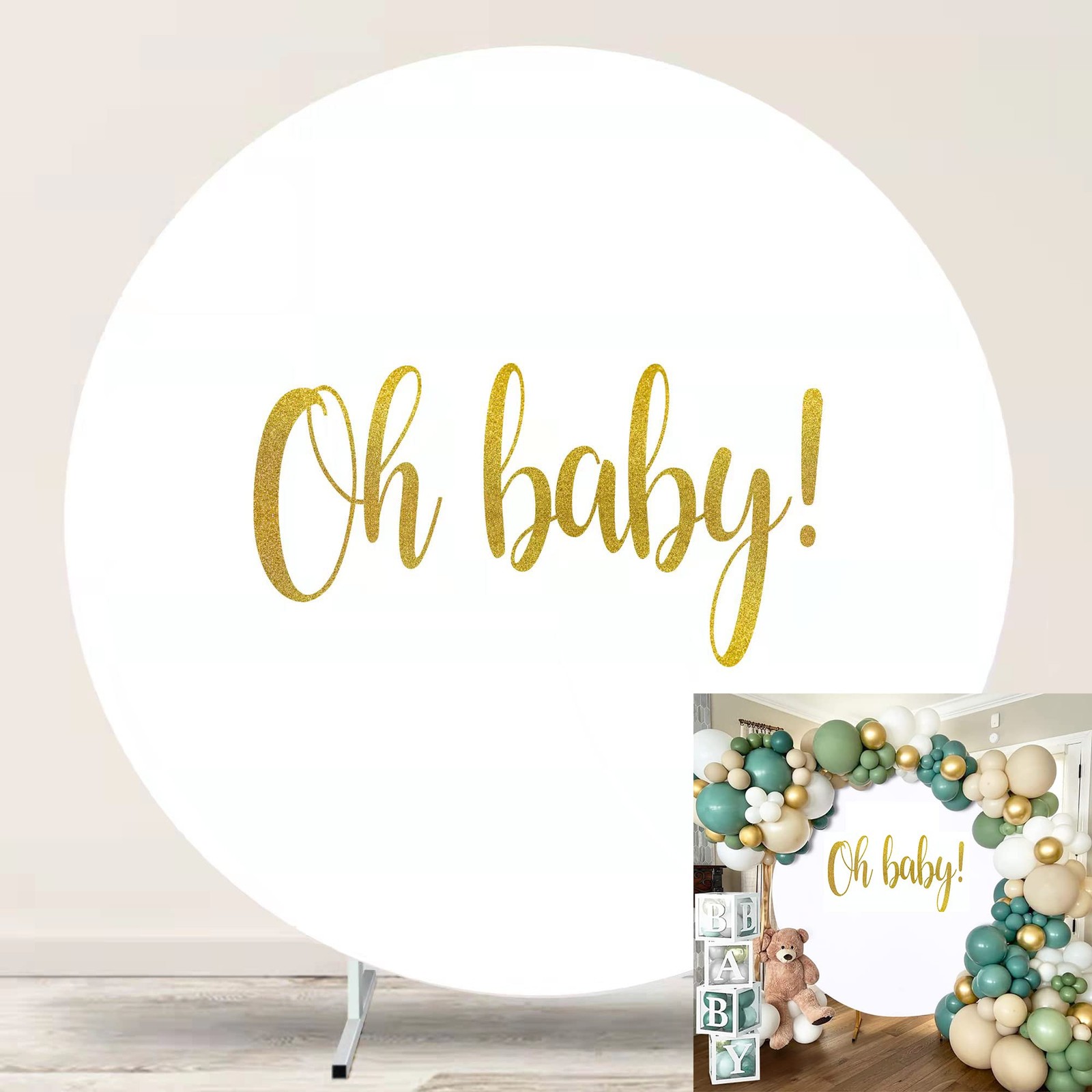 Round Backdrop Cover Oh Baby 7.2ftWhite Round Backdrop Cover Gold Oh Baby Sig
