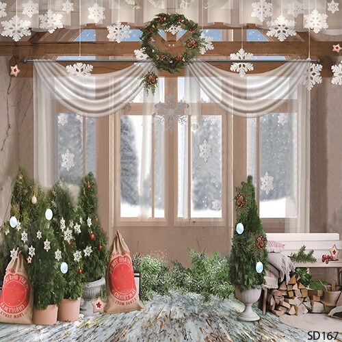10’x10’CP Xmas Trees Window Scenic Microfiber Fabric background backdrop SD167