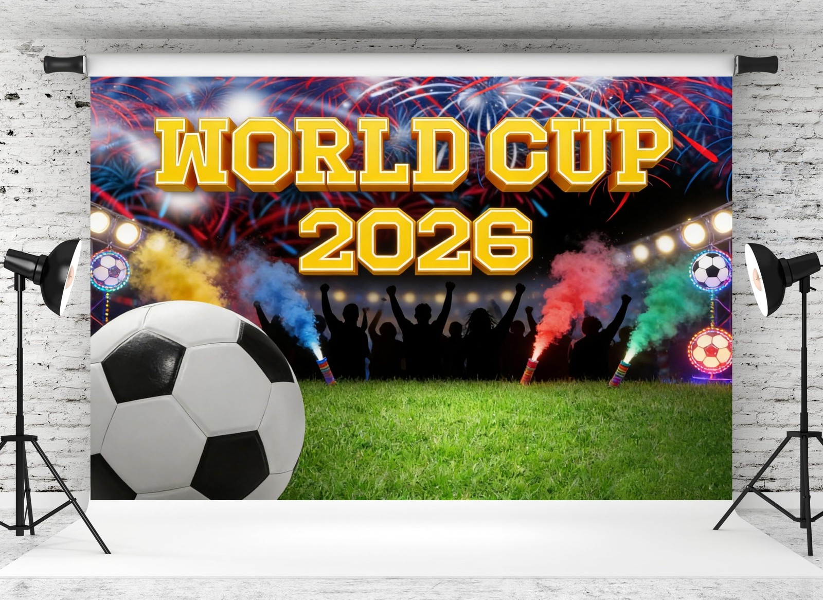 7x5ft World Cup 2026 Backdrop Fireworks Colorful Smoke Soccer Ball Stadium Sp…