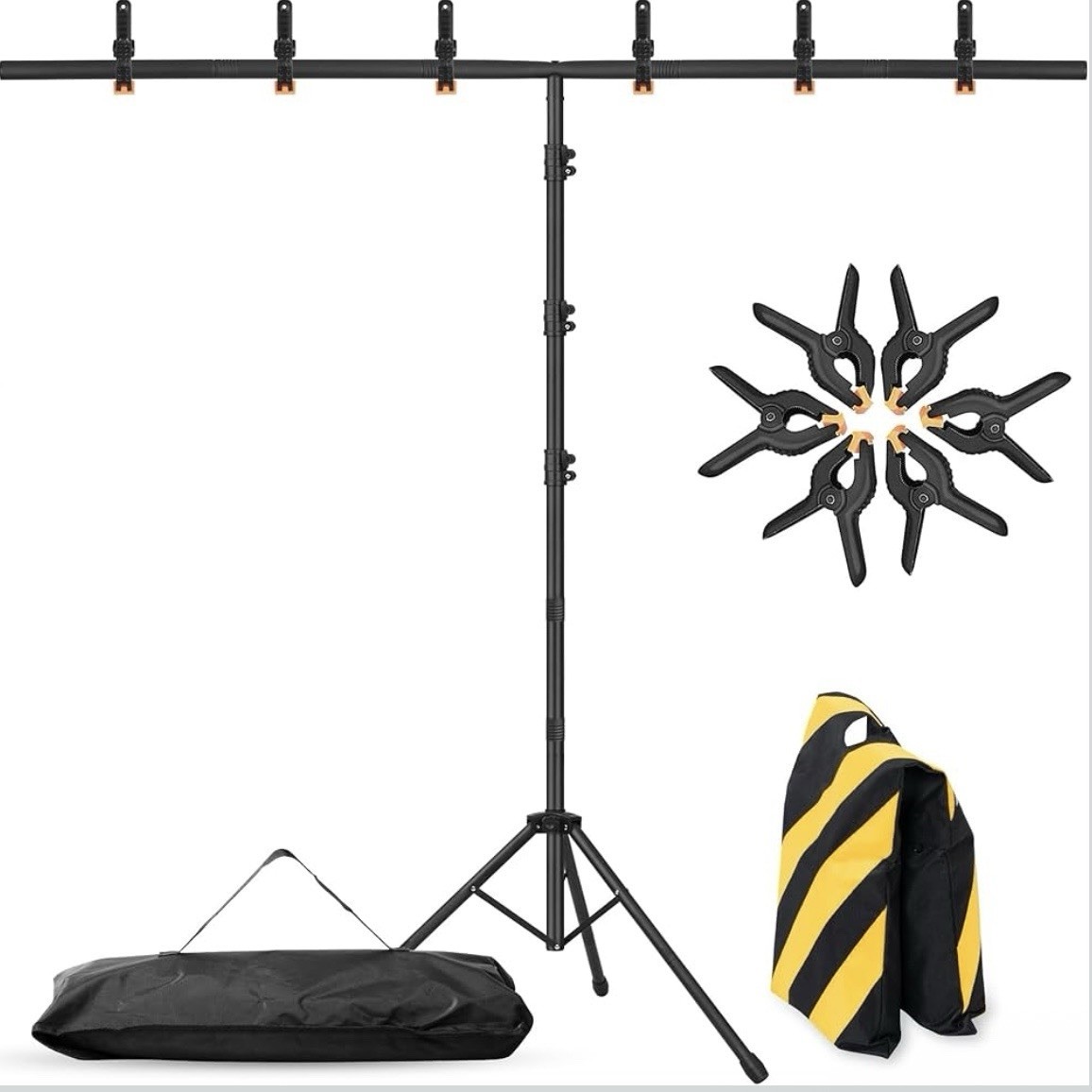 Photo Studio Adjustable Backdrop Support Stand 63.5in, 6 Clamps, Sandbag, Black