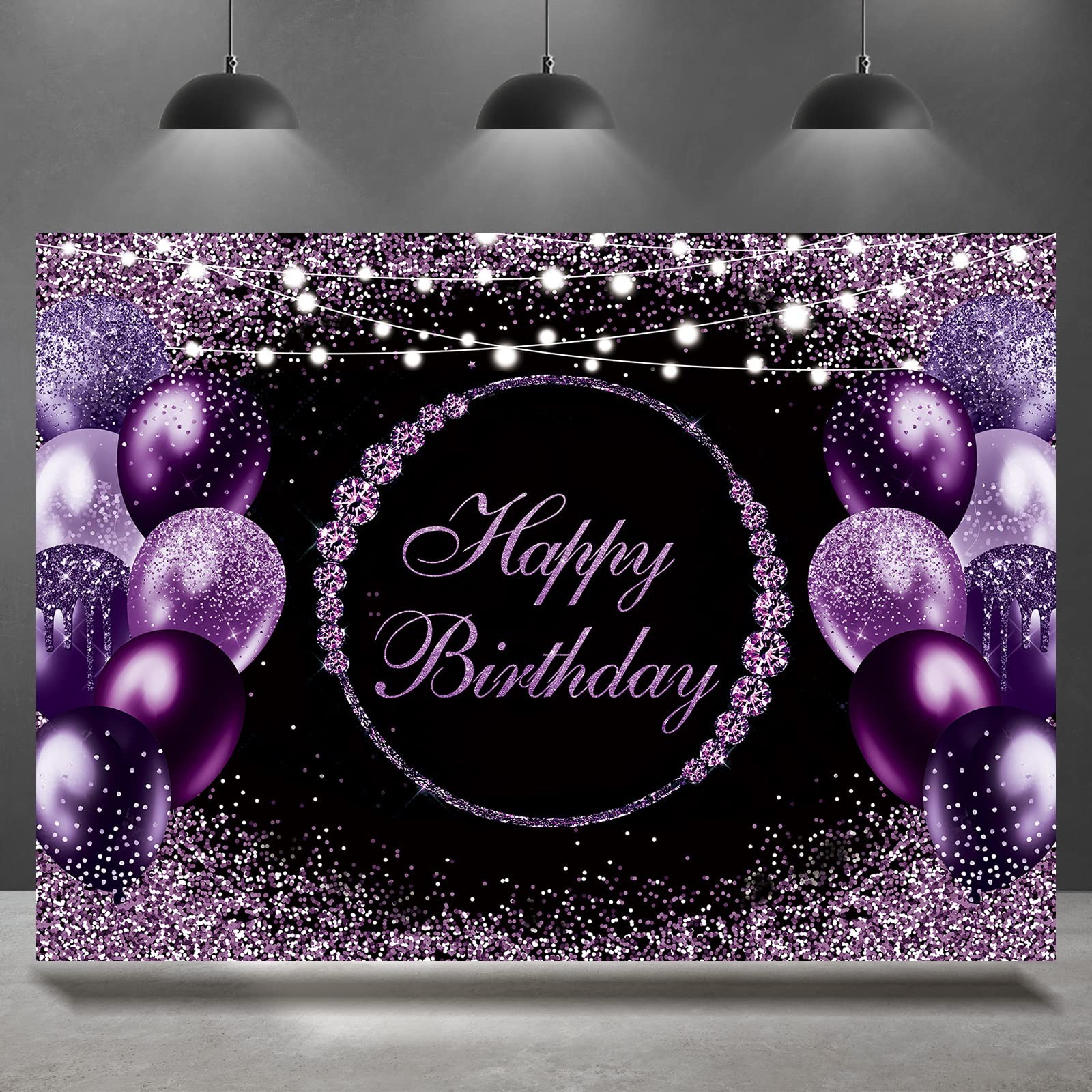 7x5Ft Purple Black Silver Happy Birthday Party Backdrop Photography Background