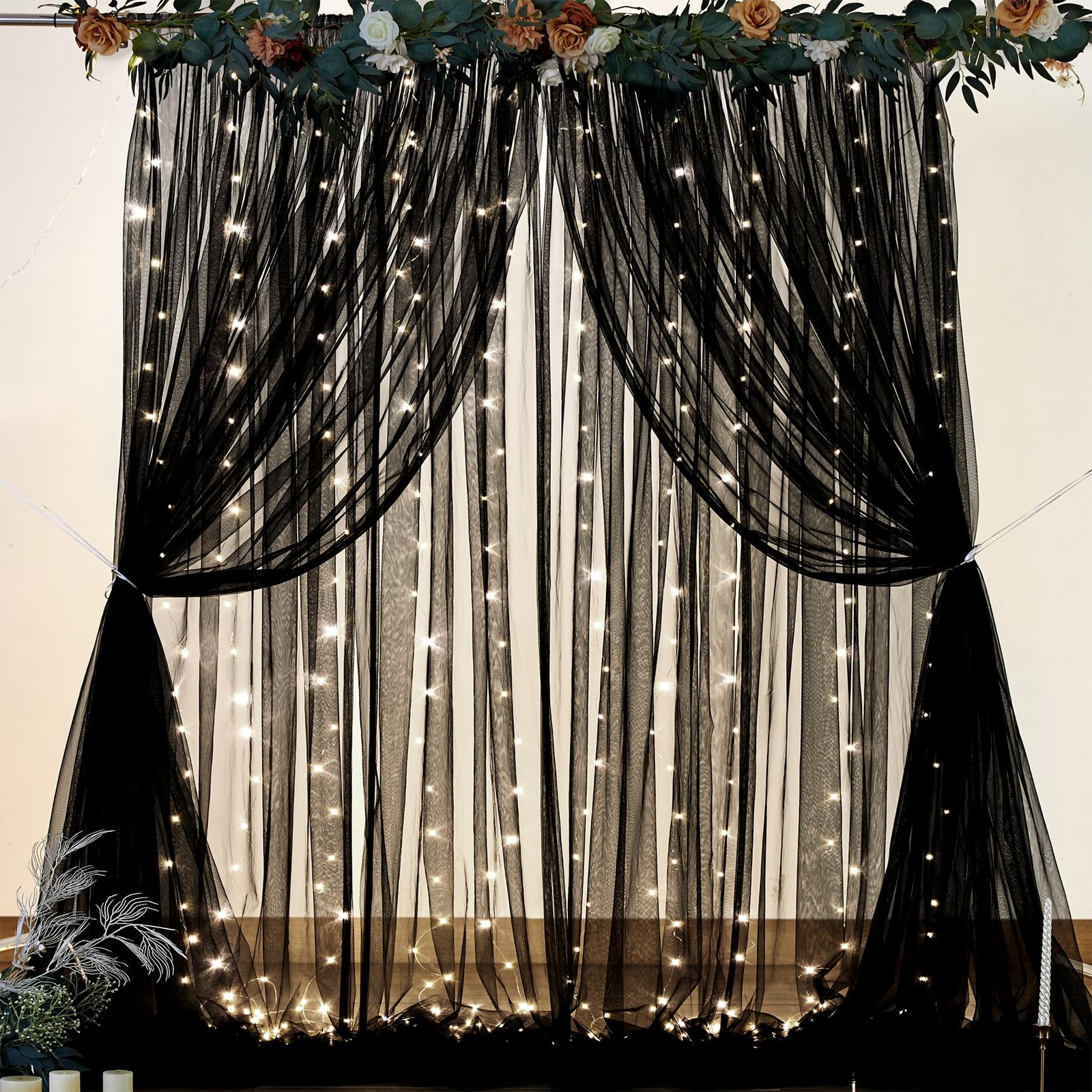 2 Panels Black Sheer Tulle Backdrop Curtain Photo Booth Drapes 5×10 Ft Each