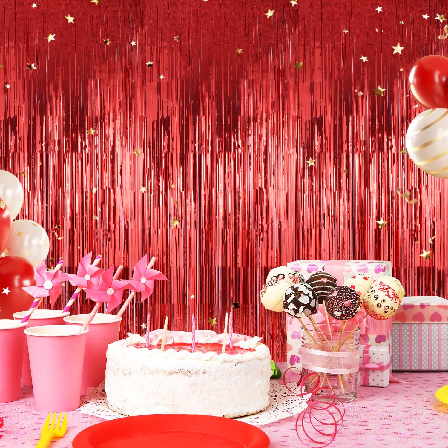 2 Pack Red Curtains Backdrop Tinsel Streamers Party Decorations 3.3×8.2 Ft