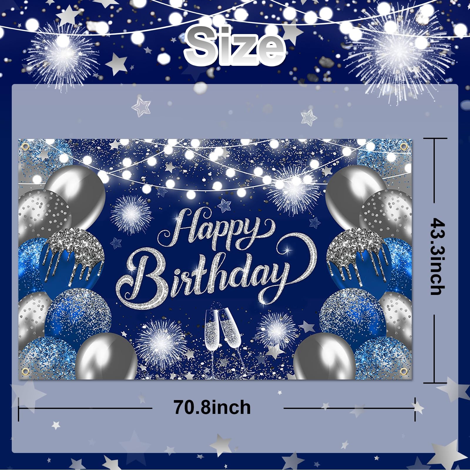 Blue Birthday Banner 6×3.6 ft Blue Silver Backdrop for Men Birthday Party Dec…