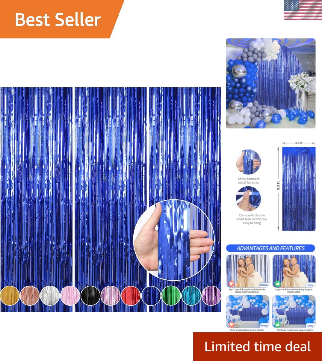 3 Pack 3.3 x 9.9 ft Dark Blue Foil Fringe Backdrop Curtain, Streamer Backdrop…