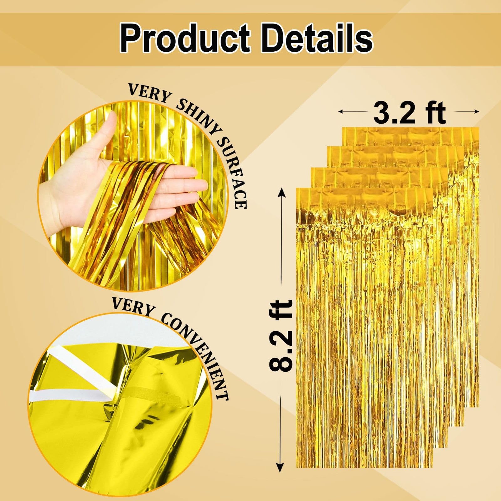 4 PCS Gold Streamers Backdrop Curtains 3.2×8.2 Ft Foil Fringe Birthday Party