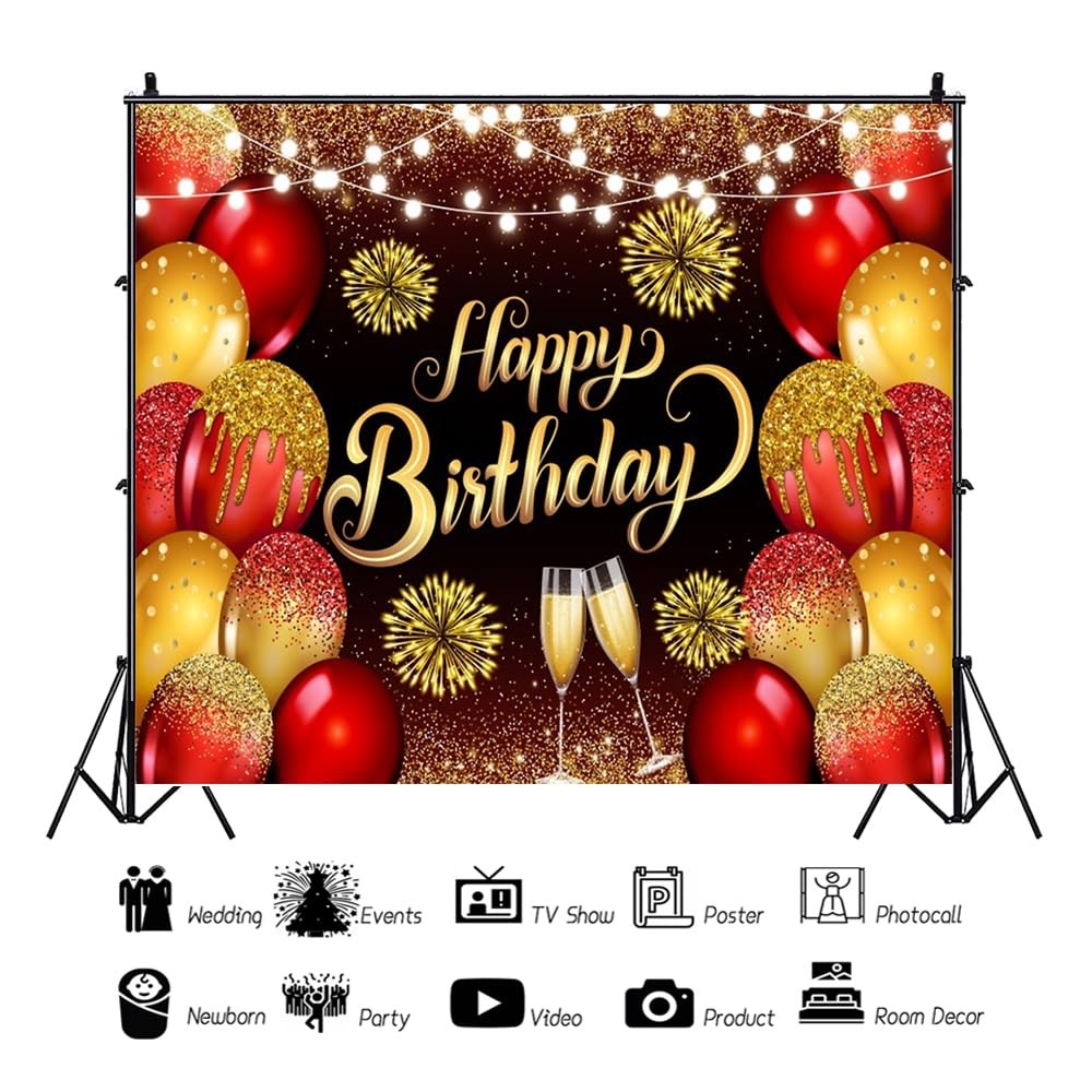Red Gold Happy Birthday Backdrop 10x8ft Photography Background Women Party