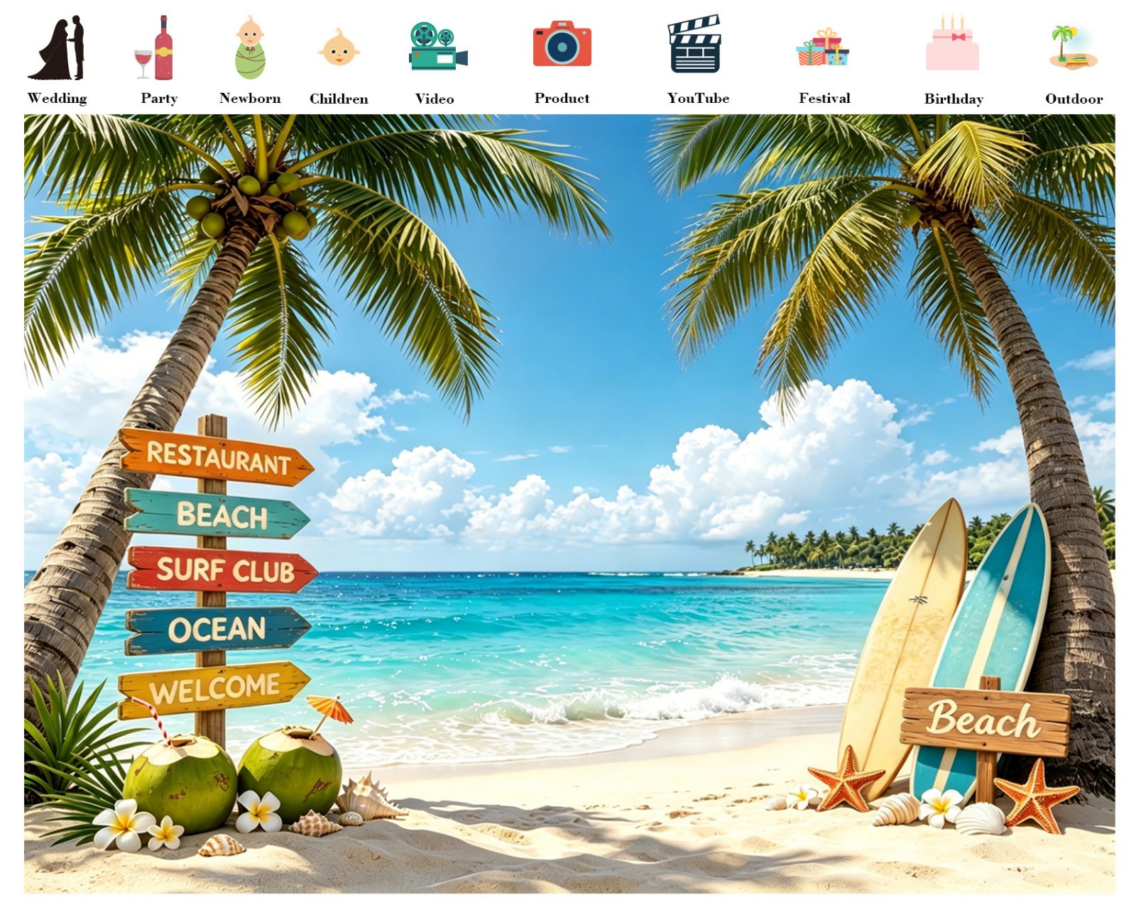 10x8ft Summer Beach Backdrop Summer Surfboard Party Background for Photography