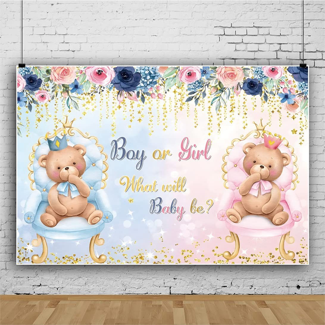7x5Ft Boho Bear Gender Reveal Backdrop Pink Blue Baby Shower Photo Booth Banner