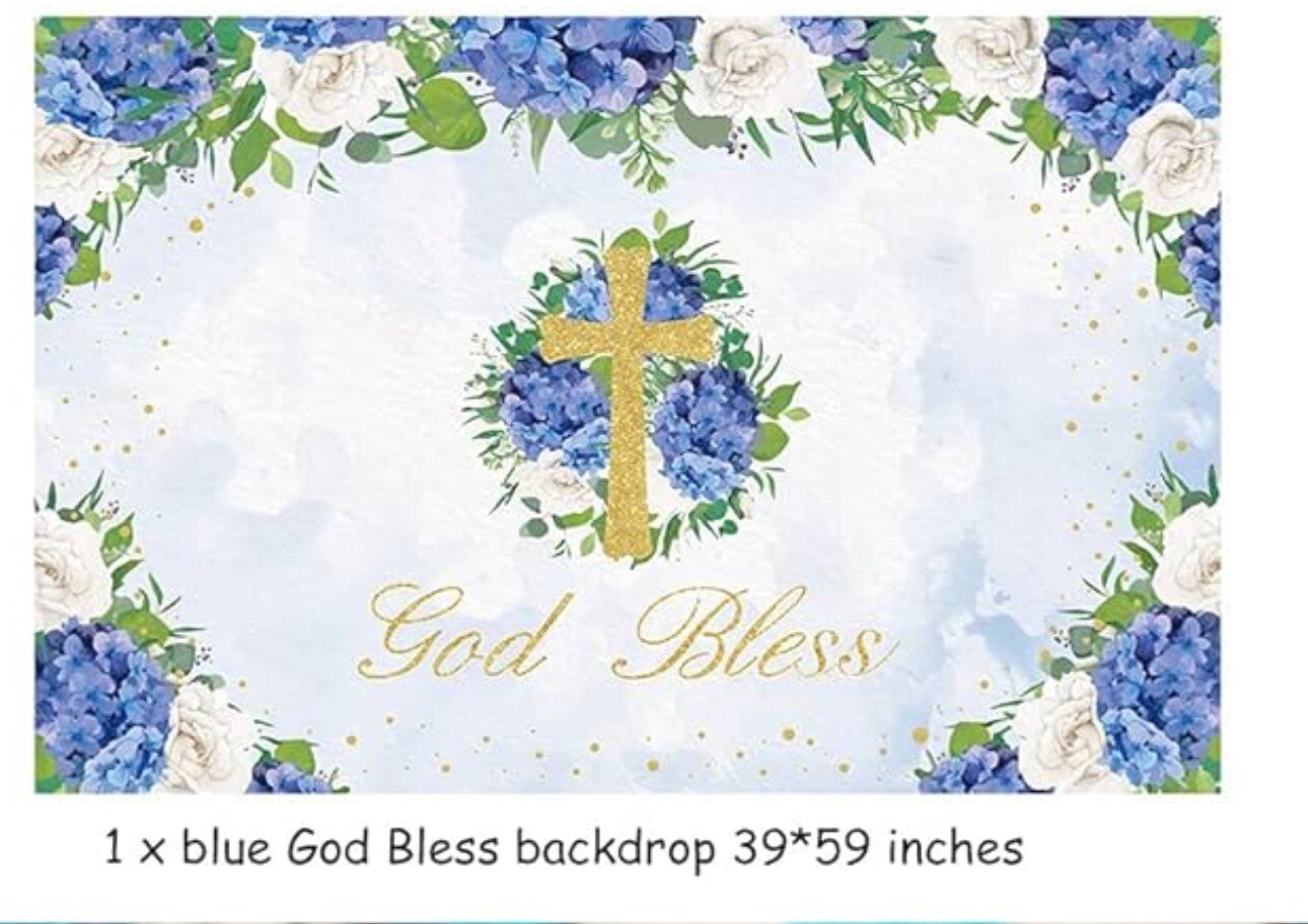 First Communion Decor for Boys God Bless Party Decoration backdrop blue +gift