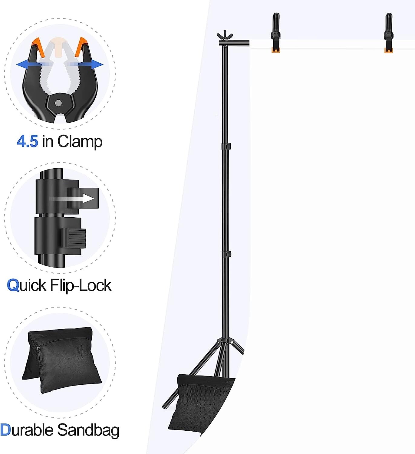 NEW! EMART, Backdrop Stand, 10’X 7.5′ (WxH), 2 Sand Bags, 4 Clamps, Carry Case
