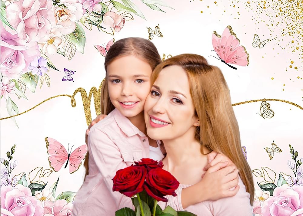 7x5ft Happy Mother’s Day Backdrop Floral Golden Dots Mother’s Day Birthday Phot.