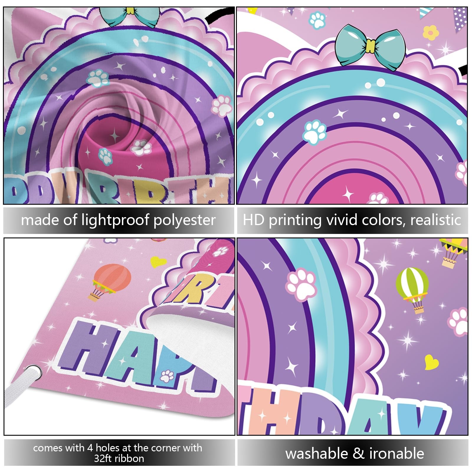 Cartoon Cat Theme Happy Birthday Photography Backdrop, 7x5ft Rainbow Backgrou…