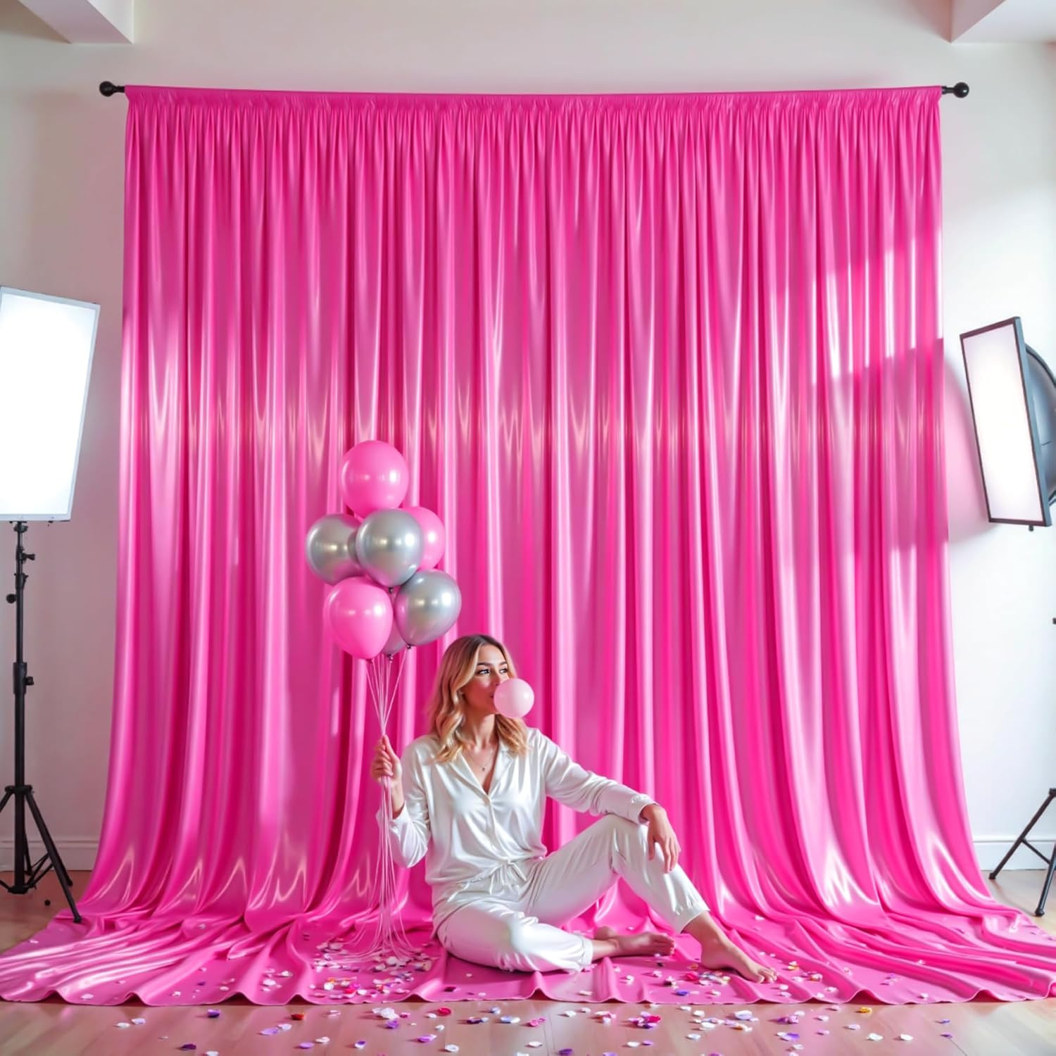 30X10Ft Hot Pink Glitter Backdrop Curtain for Parties, Wrinkle Free Satin Photo