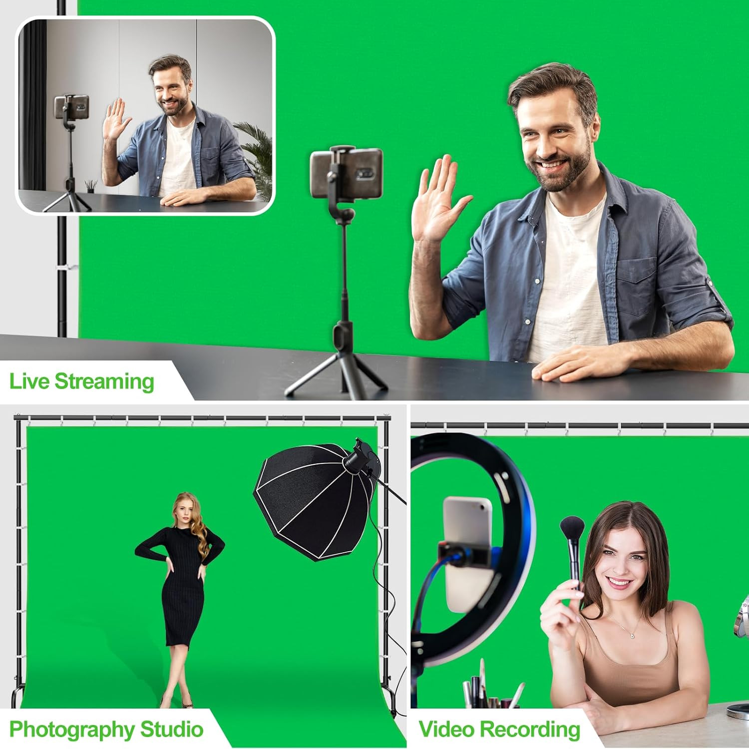 9.5X9.5Ft Large Green Screen Backdrop Kit, Greenscreen Back Drop with 7X10Ft Mov