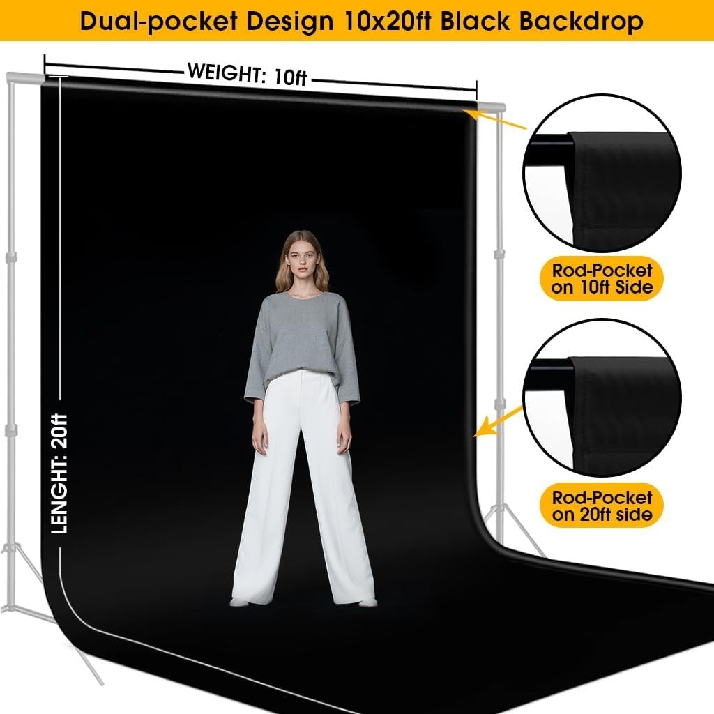 10x20ft Black Photography Backdrop – Versatile Dual-Size for Captivating Shots